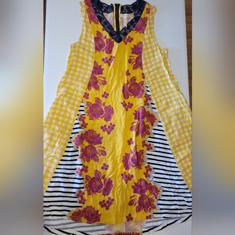 Matilda Jane Golden Key Yellow Mixed Print Mini Shift Dress Sleeveless Floral M